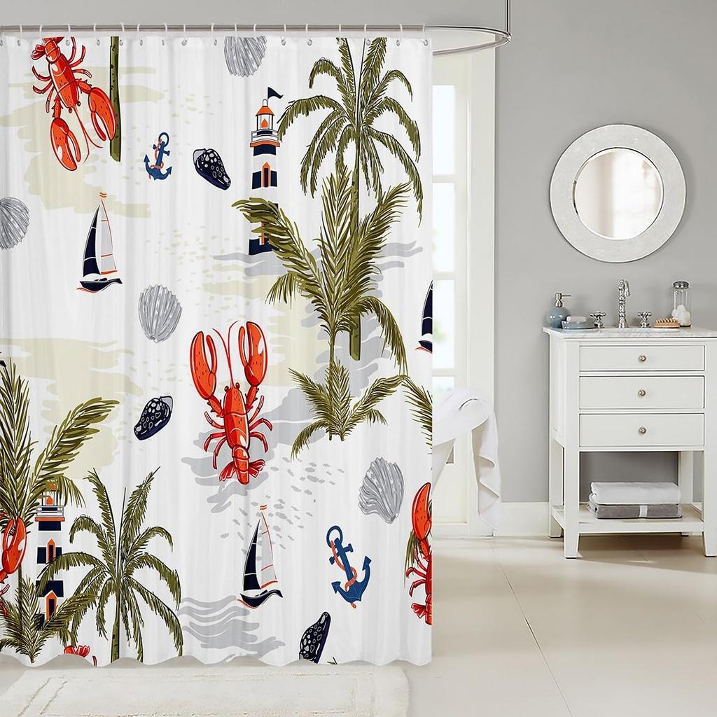 Lighthouse Shower Curtain Lobster Shower Curtain Sets for Teens Young Palm Trees Nautical Sailboat Bathroom Curtains Cartoon