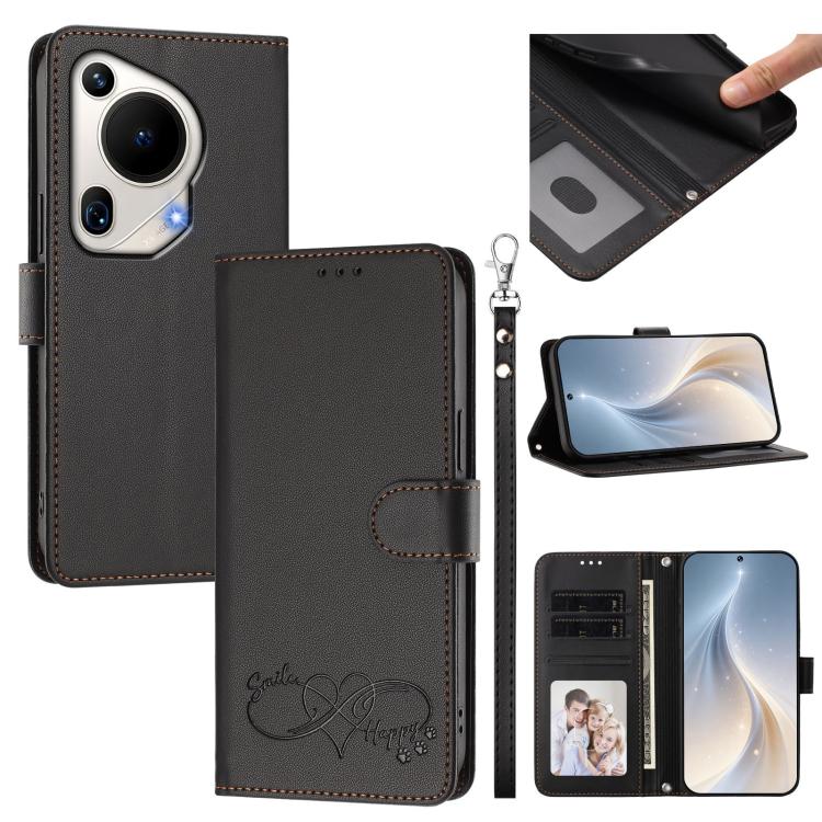 Happy Heart Pattern Magnetic Closure Vegan Leather Phone Case with Wrist Strap For Huawei Mate 60