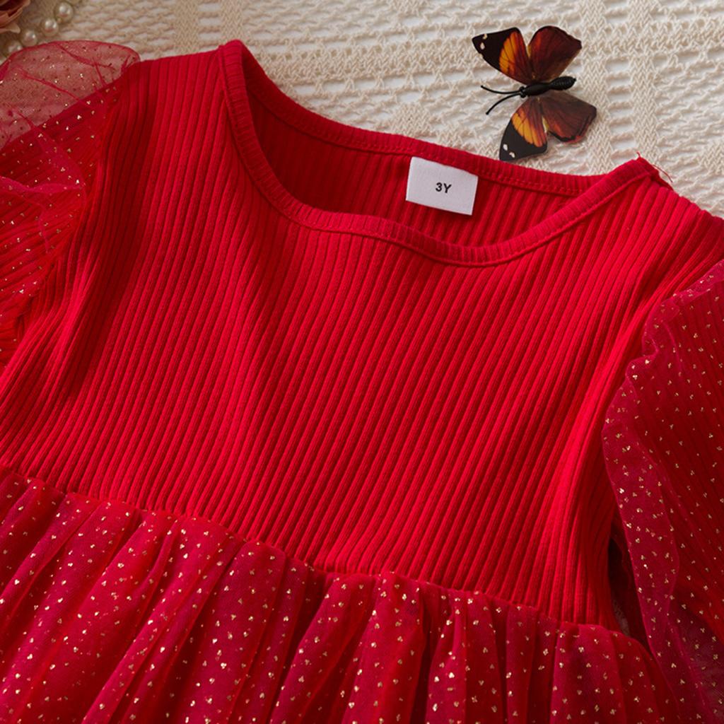 Девочки Мода Милые Платья Принцессы из Сетки с Длинным Рукавом-Пузырем Платья