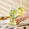 600Ml Large Capacity Stripe Glass Cup With Lid And Straw Transparent Drinking Glasses Water Cup Outdoor Drinkware Mug