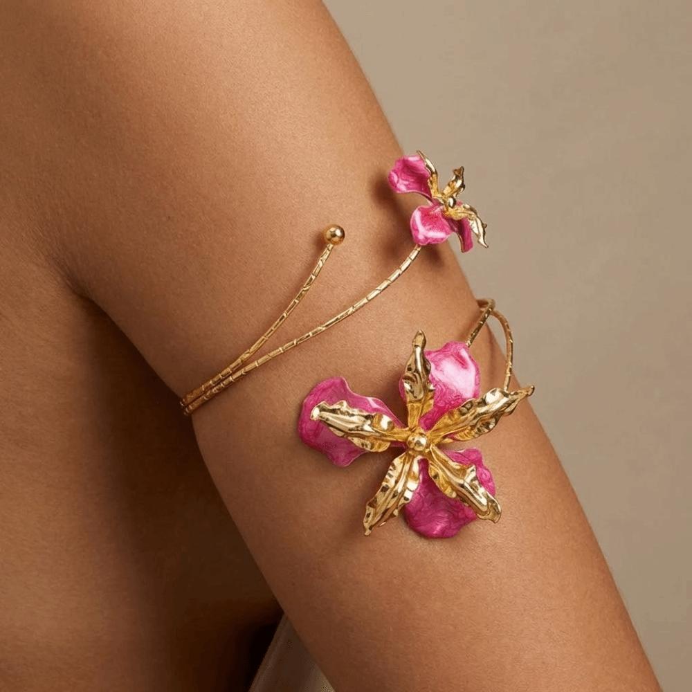 Enamel Glaze Butterfly Orchid Bracelet Floral Flower Armband Fairy Open Arm Bangle  Hand Jewelry