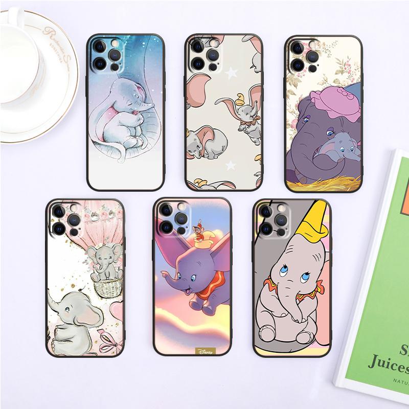 Cute Dumbo Cartoon For iPhone 15 14 13 12 11 XS XR X 8 7 SE Pro Max Plus Mini Black Cover Phone Case