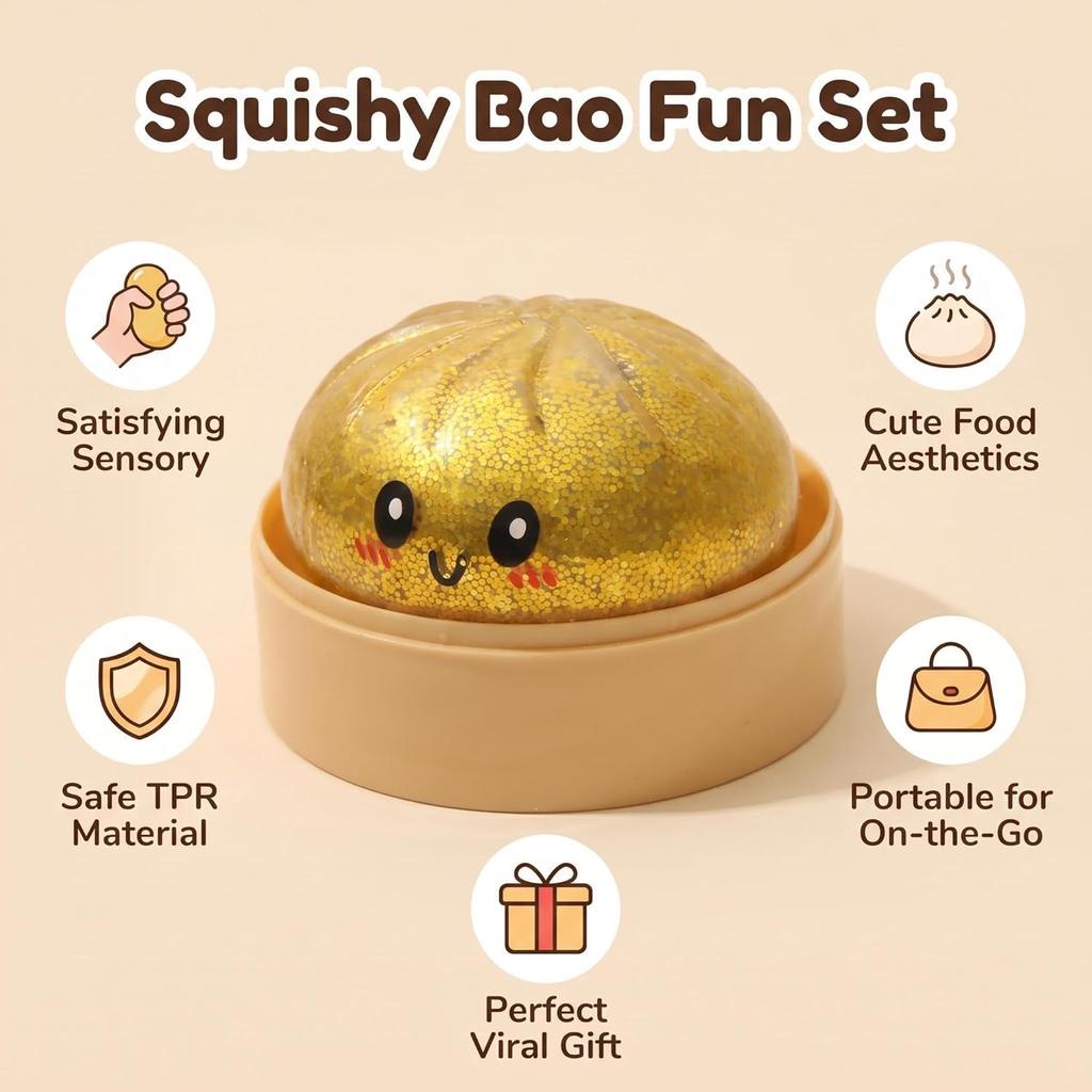 Sparkle Bun Squishy Toy Slow Rebound Stress Relief Squeeze Ball Soft With Bead&Steamer Fidget Toy for Anxiety Relief Sensory Toy