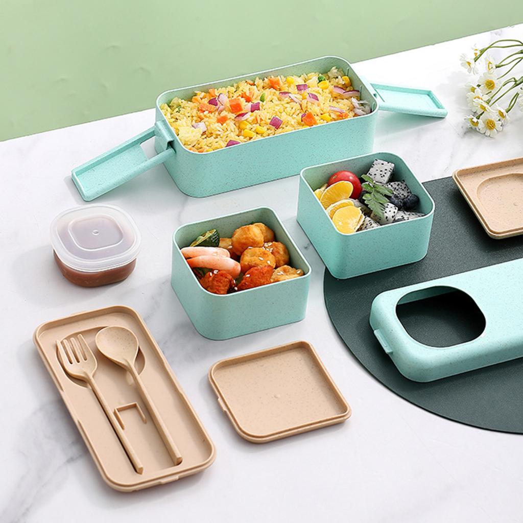 Leak-proof Bento Lunch Box with 3 Compartments Double Layer Buckle Closure Microwave Safe Stackable Salad Box for Kids Adults
