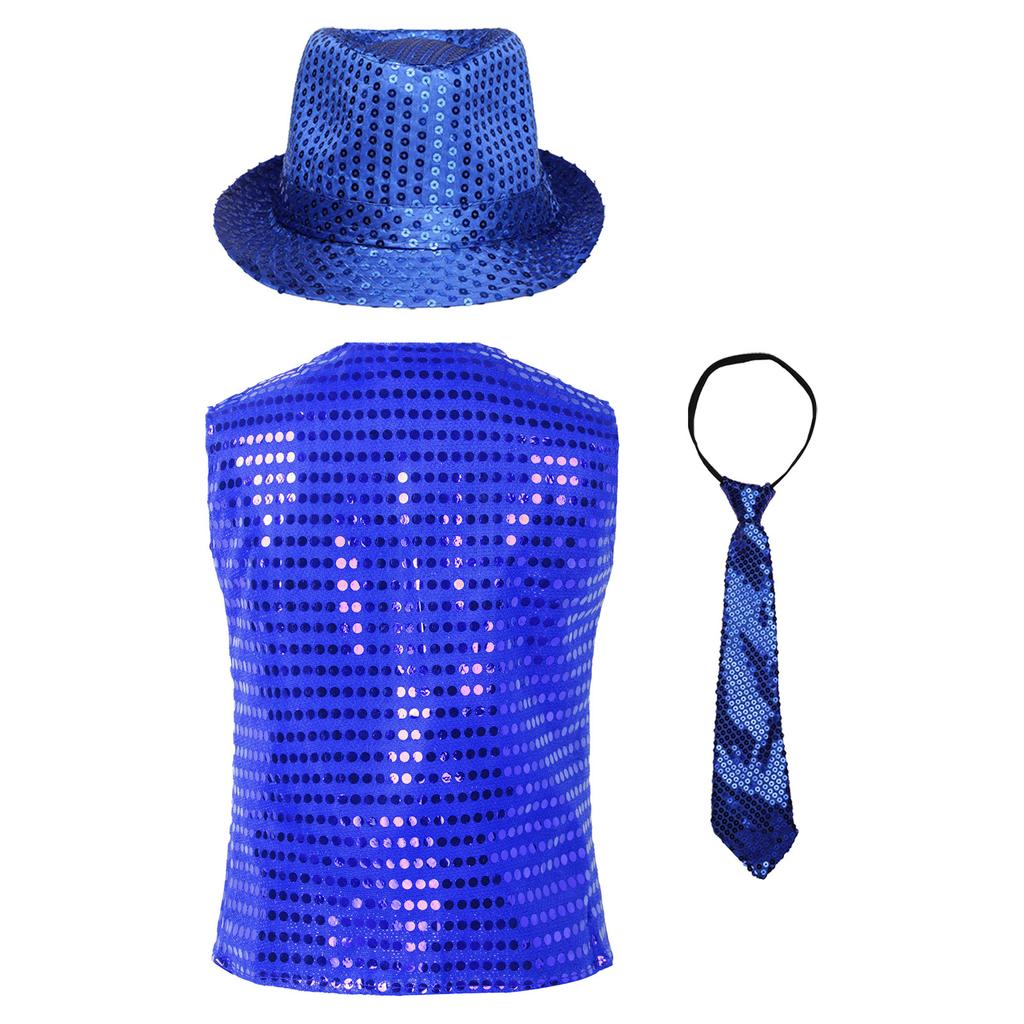 Жилет для джазовых танцев для мальчиков и девочек, без рукавов, с V-образным вырезом, с блестками и пуговицами, подходящая шляпа и галстук для выступлений на сцене