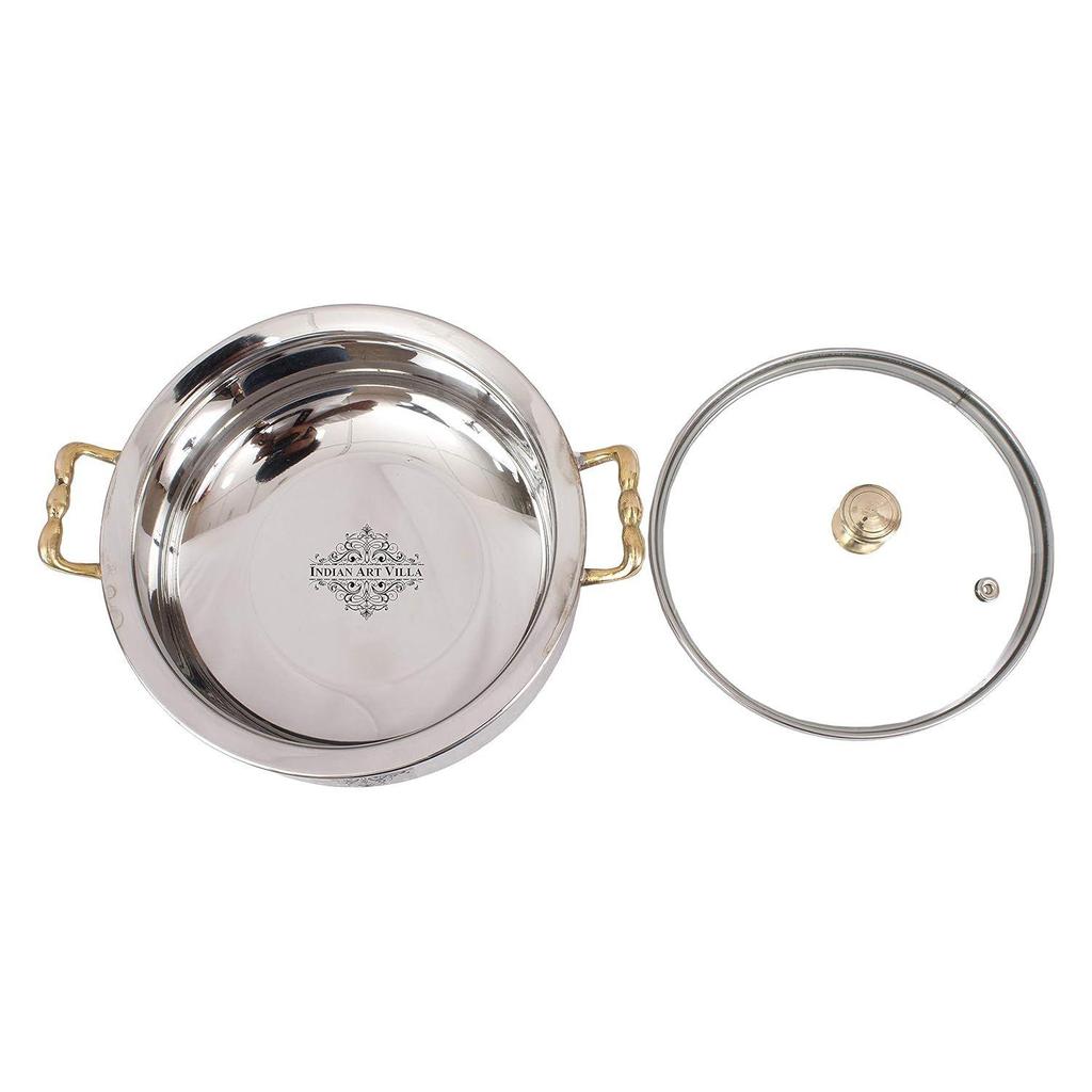 Stainless Steel Hammered Design Handi/Bowl/Casserole with Toughened Glass Lid & Brass Knob & Handles, Volume-400 Ml