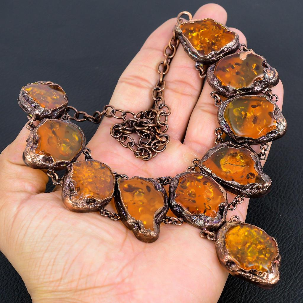 Baltic Amber Necklace Gemstone Jewelry, Copper Electroformed Adjustable Chain Necklace, Gift For Women Handmade Necklace