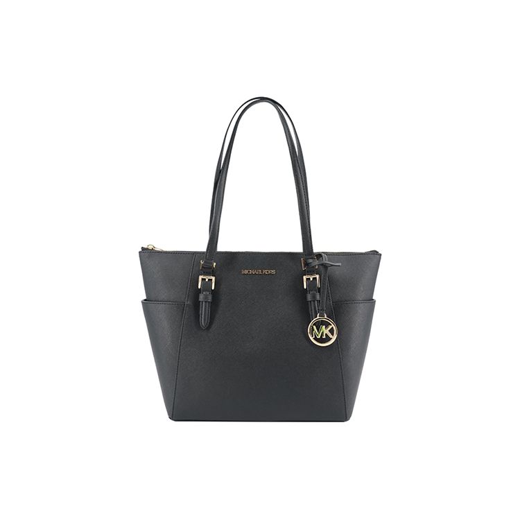 Michael Kors Mk Charlotte Винтажная Однотонная Сумка-тоут Большой Вместимости с Подвеской-логотипом для Поездок на Работу и Покупок Женская Сумка-тоут Черная 35T0GCFT7L-BLACK