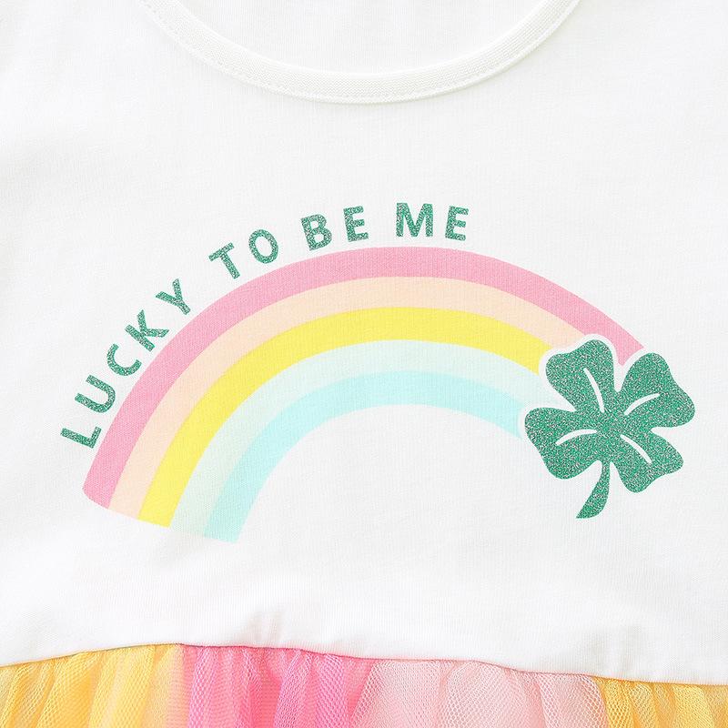 Summer New Arrivals: Girls' Rainbow Print Princess Dress Round Neck Tulle Skirt for Younger Children