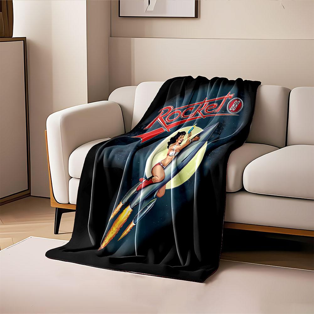 A retro pin-up style woman riding a rocket with "Rocket 88" text design. for all seasons blanket lunch break throw gift