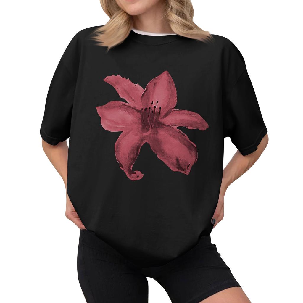 Women's Casual Printed T-Shirt Round Neck Pullover Short Sleeve Top