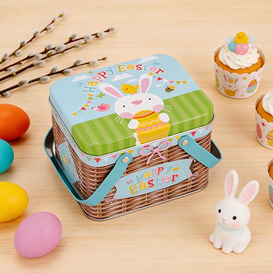 Портативная жестяная коробка для хранения пасхального печенья и конфет с 2 ручками, пустая жестяная банка, контейнер для хранения печенья и конфет для вечеринки на Пасху
