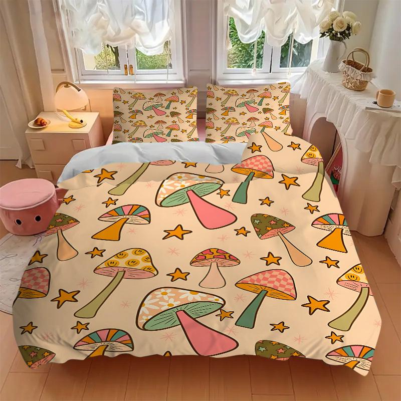 3pcs Mushroom Star Bedding Set, Includes Without Pillow Inserts, Soft Comfortable Bedding Set,All-Season Use a0924031