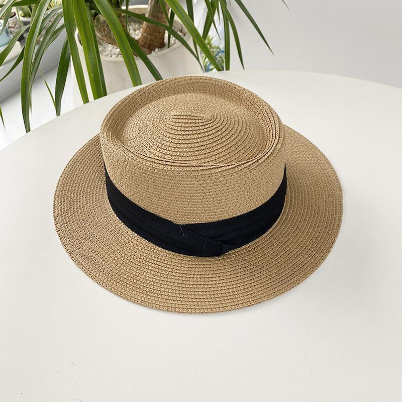 Spring Summer Flat Top Straw Hats For Women Round Bumpy Surface Fashion Bowknot Boater Cap Travel Beach Sun Hat