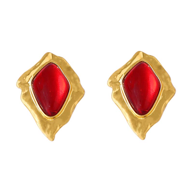 Vintage Red Resin Pleated Stud Earrings For Women Punk Metal Irregular Geometric Leaf Shaped Earrings Party Zircon Gift