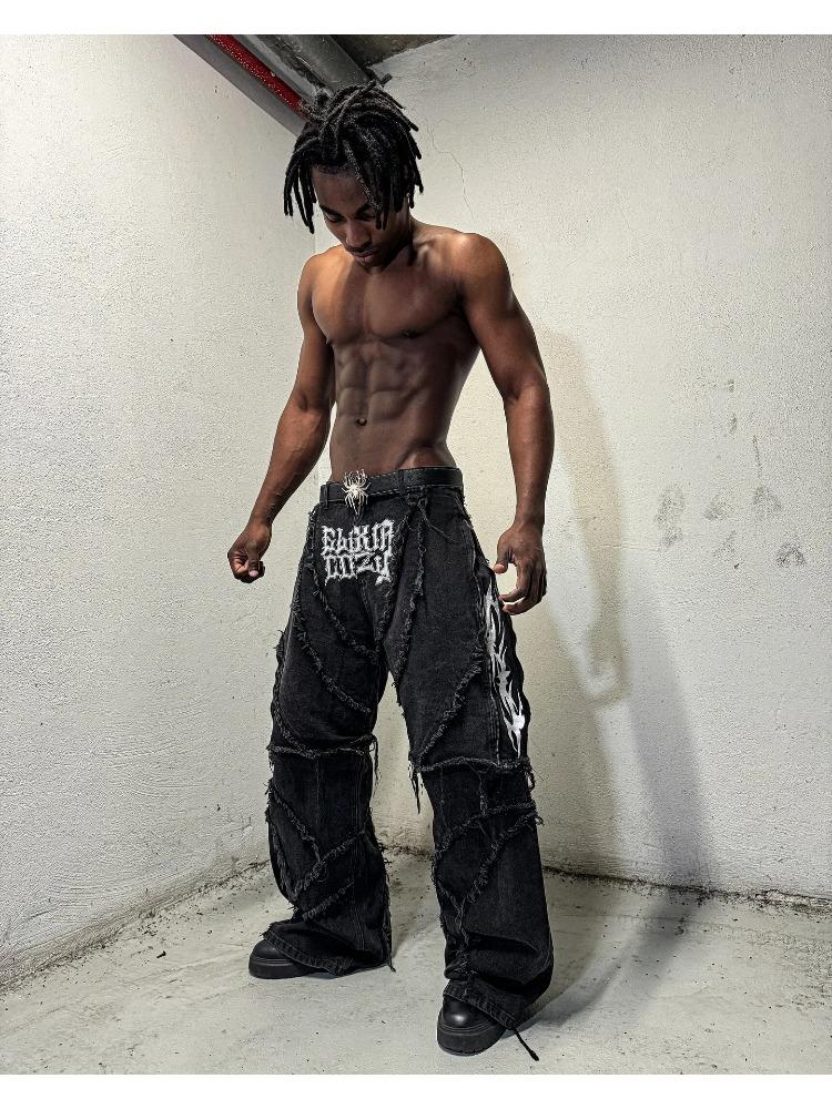 Мода Америка ретро-стрит молния пэчворк мешковатые джинсы мужские Y2k полоса вышивка сращивание черные джинсовые брюки хип-хоп джинсы