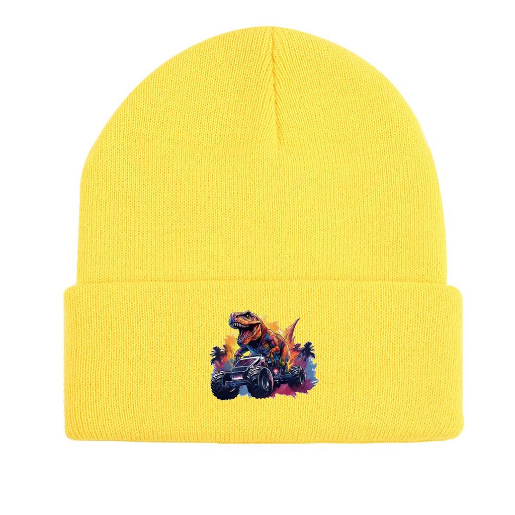 Monster Truck Dinosaur Print Knit Hat Beanie, Animal Skull Cap Stretchy Elastic Stylish Pompom Beanies Knitted Cap Beanie