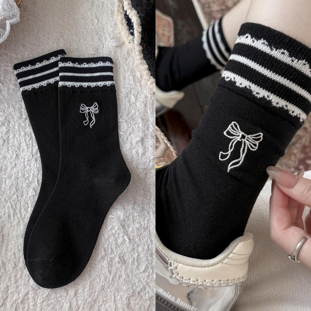 Bow Embroidered Socks Striped Lace Sweet Mid-Leg Socks Worn Outside Lace Pile Socks