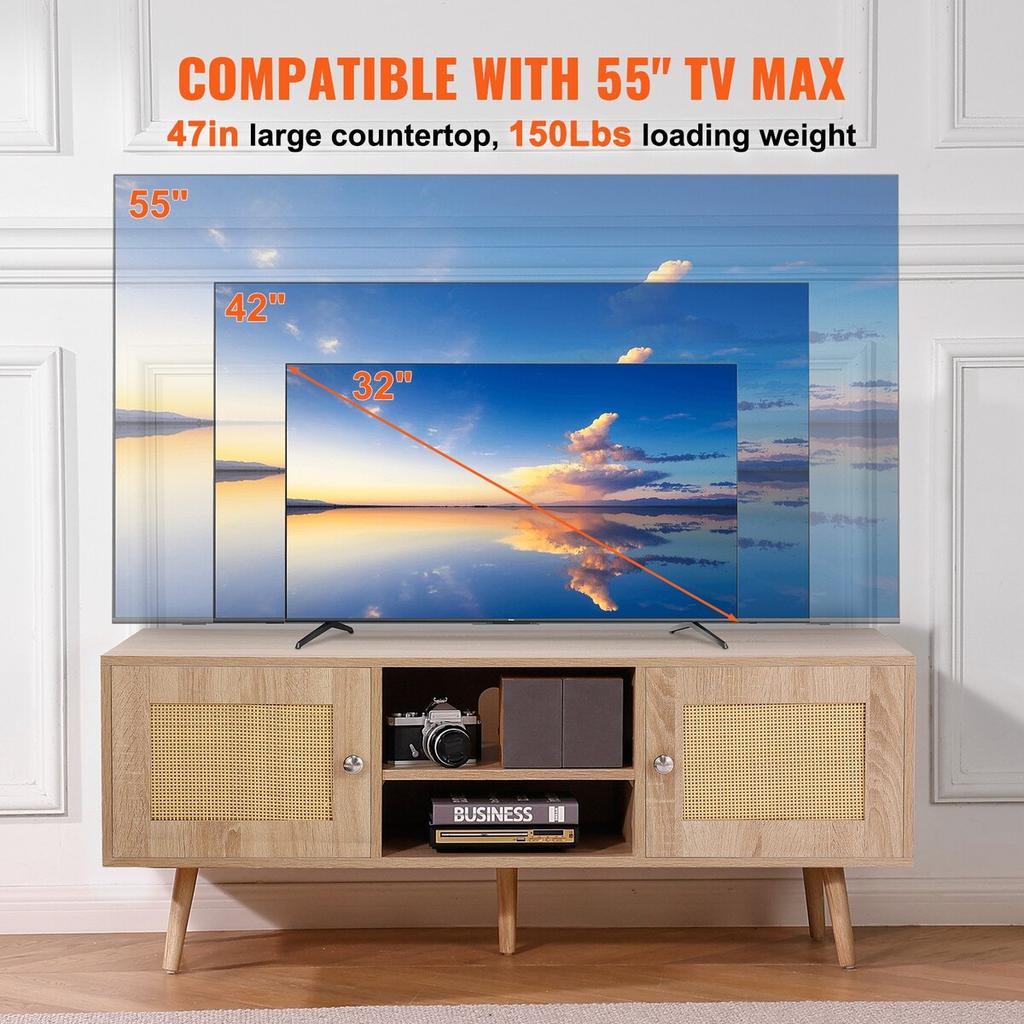 Rattan TV Stand, Boho TV Cabinet for 55 inch TV, Mid Century Modern TV Stand, Rattan TV Console with Adjustable Shelfs for Living Room, Media Room,