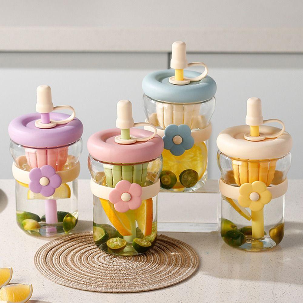 Flower Patch Straw Cup Portable Water Bottle Cartoon Glass Water Cup for Boys and Girls
