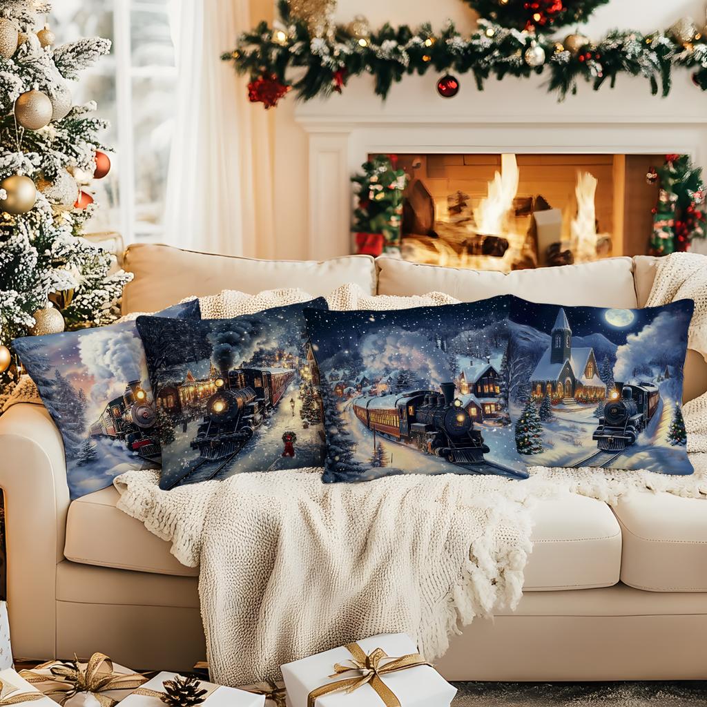 Christmas Village Train Pillowcase Printed Polyester 40/45/50Cm Throw Pillowcover Decorative Sofa Cushion Pillowslip Home Decor