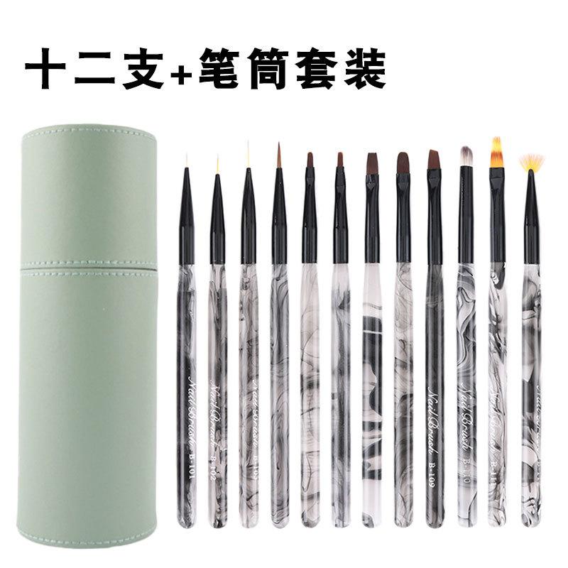 Dyeing Nail Pen Set Ink Color Acrylic Handle Nylon Nail Art Pen Manicure Brush Tools 12pcs/set