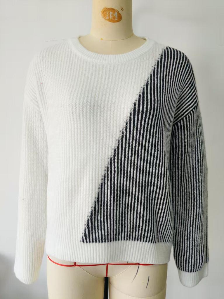 Women's Autumn Winter Color Block Loose Knit Pullover Sweater - Casual Round Neck Top