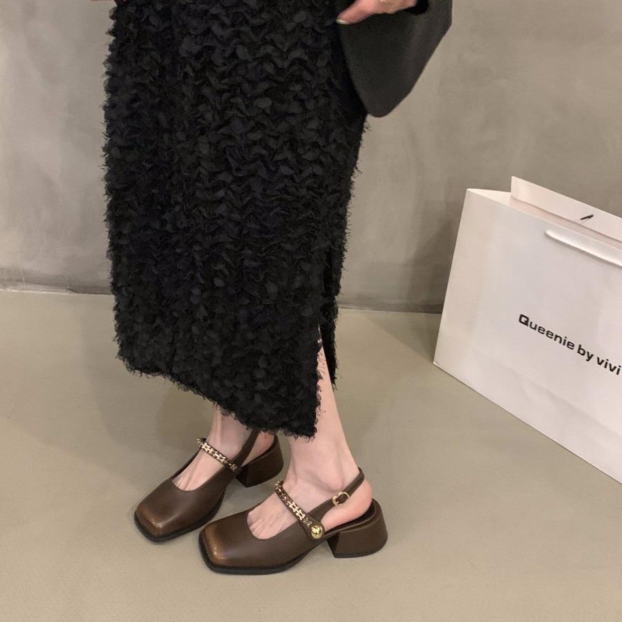 Французские черные босоножки-мешки на высоком каблуке, женская обувь 2024 года, новые весенне-летние туфли Мэри Джейн на толстом каблуке, вечерние туфли