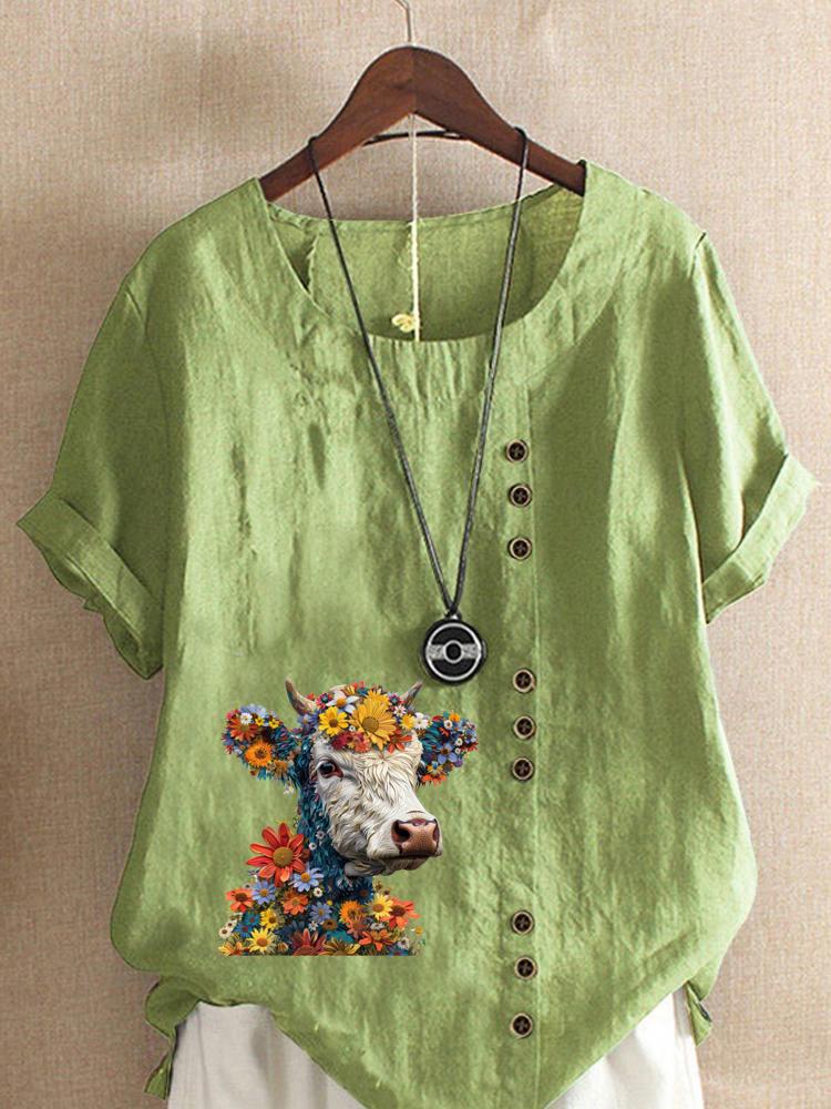 Women's Fashion Buffalo Print Round Neck Short Sleeve T-shirt Casual Cotton Linen Graphic Shirt Leisure Loose Summer Blouse Tops