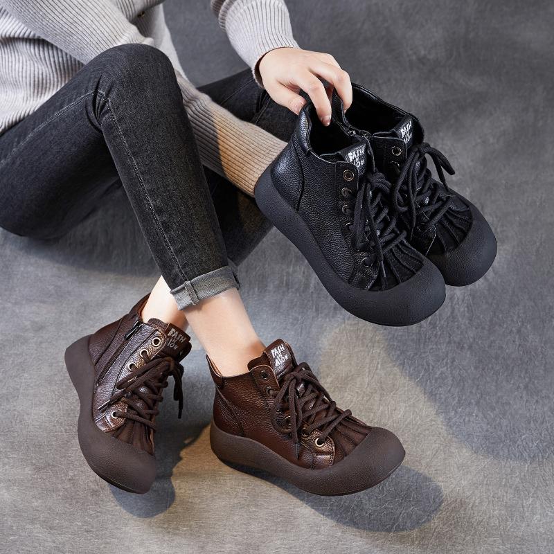 Мода 2025 Осень и Зима Новые 4см Ручной работы Натуральная кожа Женская обувь Ретро Плоские Универсальные Мягкая коровья кожа На шнуровке Короткие ботинки