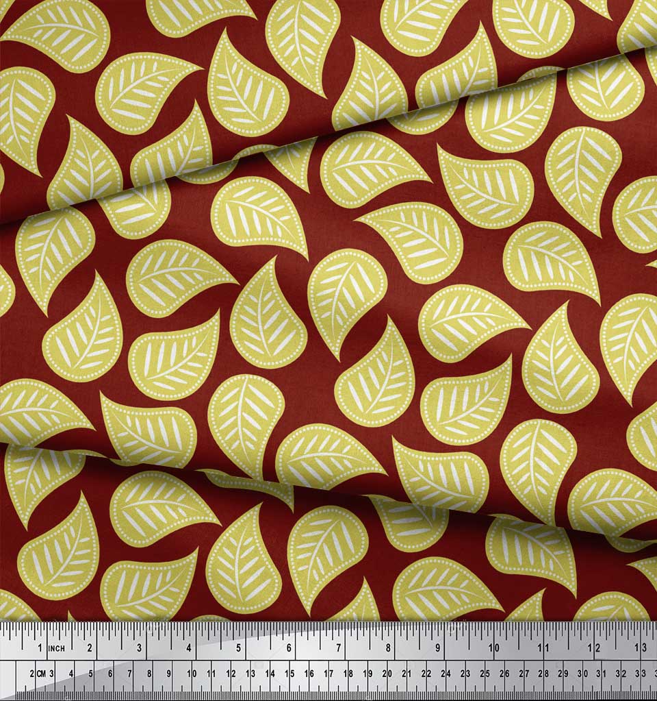 Soimoi Red Japan Crepe Satin Fabric Artistic Leaves Fabric Prints By Metre 42 Inch