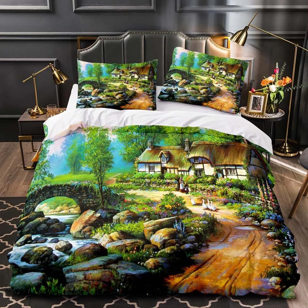 Комплект пододеяльника Fantasy World Forest, Комплект постельного белья с мультяшным замком, Полиэстеровый пододеяльник Magic Elf Tree размера Queen, King, Full, Twin