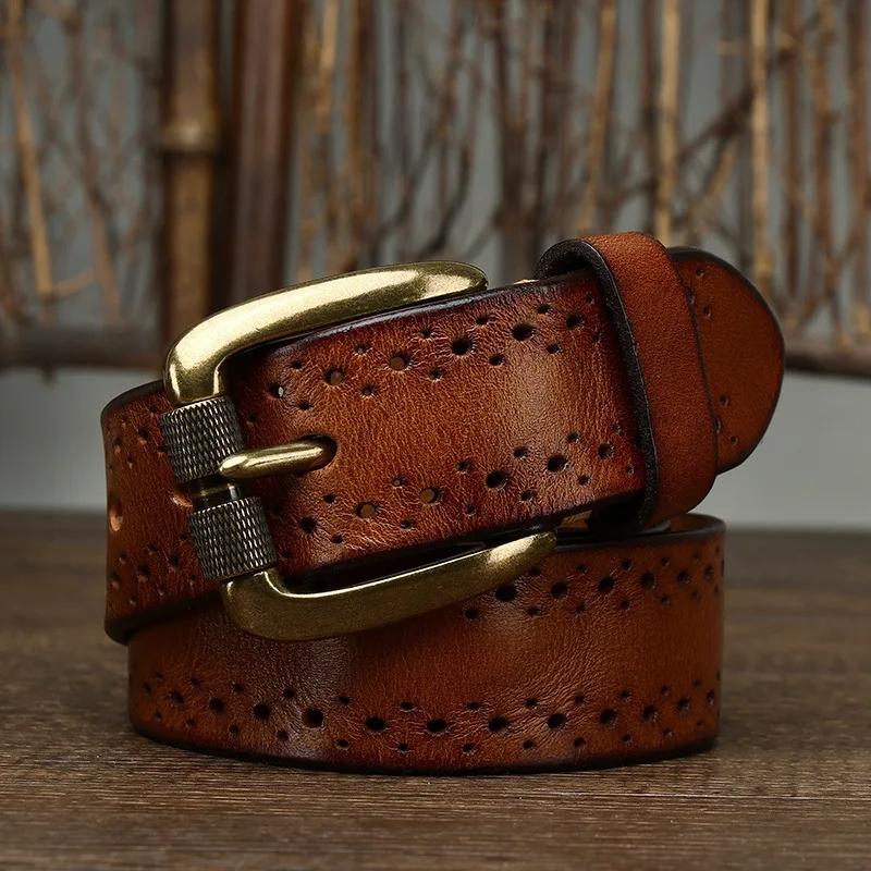 3,8 см Ширина Ретро Ковбойский Джинсовый Пояс Мужской Ceinture Винтажная Латунная Пряжка Настоящая Кожаная Поясная Лента для Мужчин с Вырезом