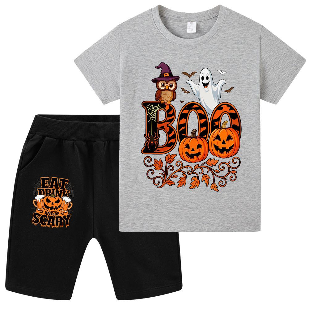 WA1649 Kids Boys Girls Halloween Owl Ghost Print Short Sleeves T-shirt Shorts Sets