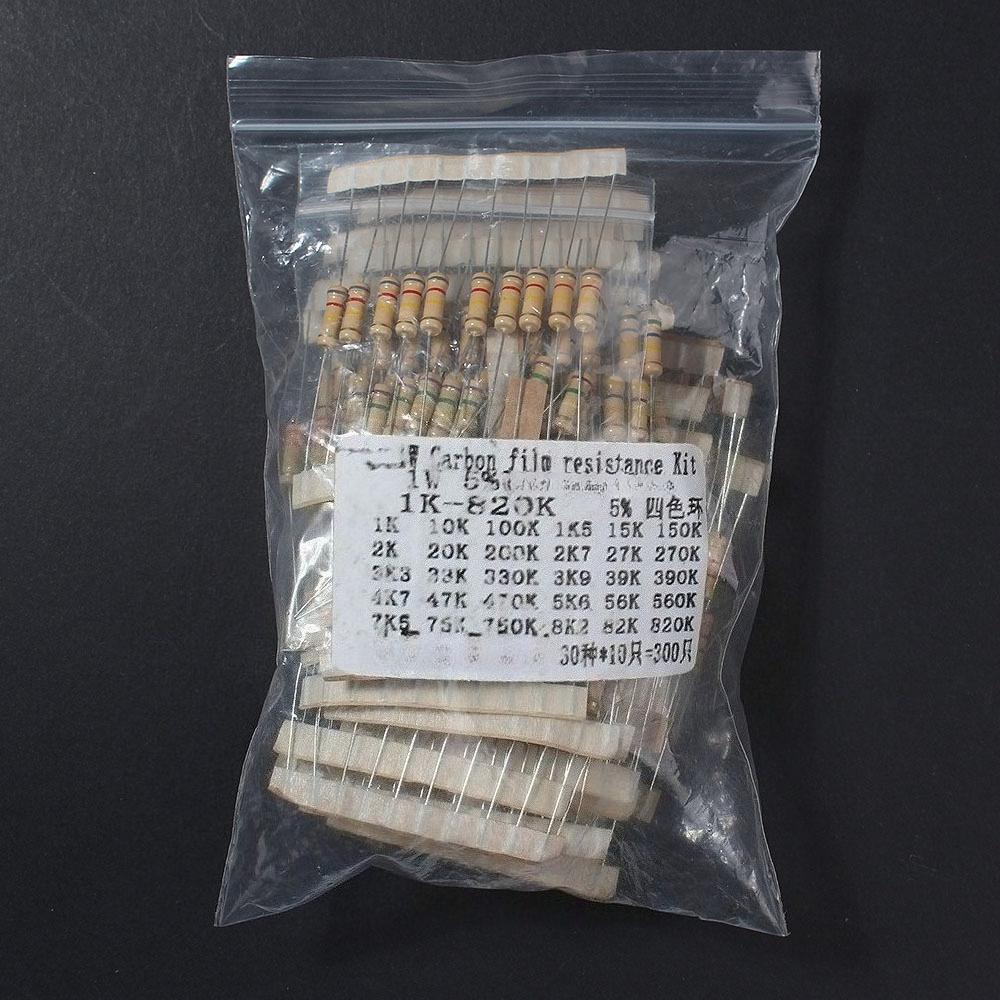 300PCS/lot 1W Carbon Film Resistor Set 1K-820K & 0.1R-750R Ohm 5% Color Ring Resistance DIY Electronic Components Kit