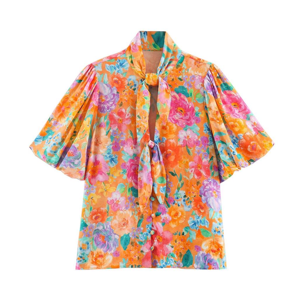 European and American women's clothing 1116 autumn French vacation style neckline bow tie lantern sleeve chiffon shirt women