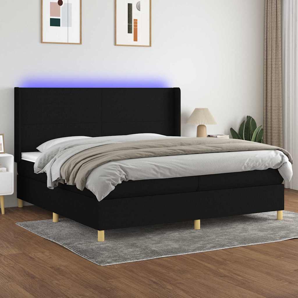 Box Spring Bed with Mattress & LED Black 200x200 cm Fabric