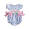 Baby Girls Rompers Easter Clothes Rabbit Embroidery Plaid Fly Sleeve Summer Bodysuits Jumpsuits