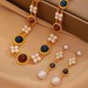 Medieval Vintage Court Style Fashion Geometric Imitation Pearl Double Layered Necklace Pendant Earrings Set Clavicle Chain