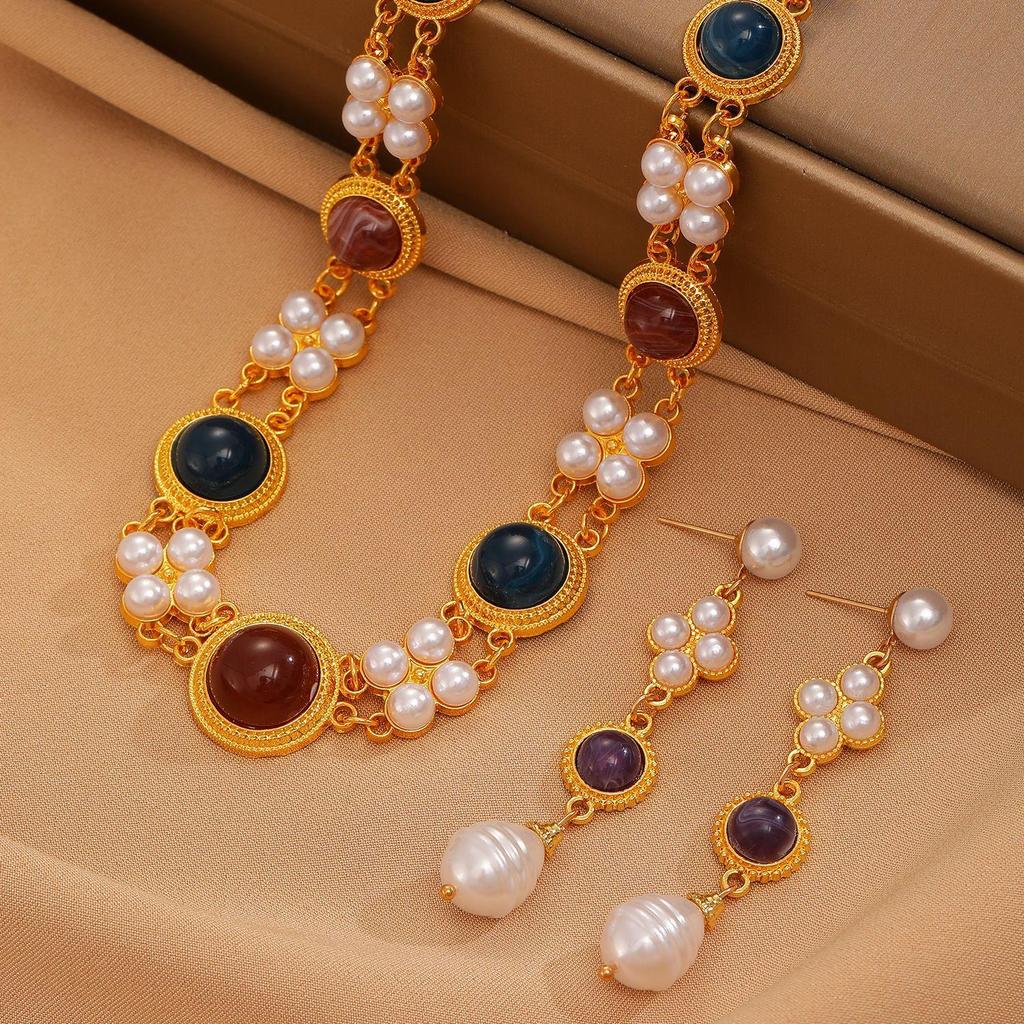 Medieval Vintage Court Style Fashion Geometric Imitation Pearl Double Layered Necklace Pendant Earrings Set Clavicle Chain