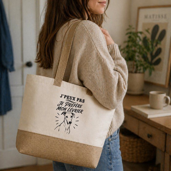 Sac J’peux pas je préfère mon Lévrier J'peux pas minimaliste | Cabas en Coton avec Fond Jute 18 L 48 × 37 × 13 cm | Marché Shopping