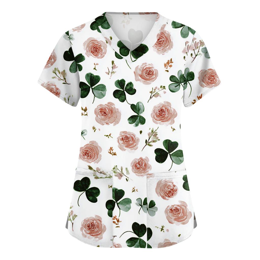 Ladies' St. Patrick Print Fashionable V-neck Pocket Short Sleeved Uniform And Caregiver Top