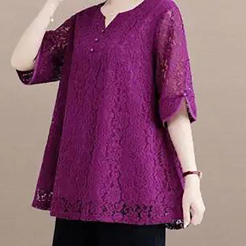 Ladies V-neck Blouse Oversize Blouse Lace Chiffon Summer Short-sleeved Blouse for Women