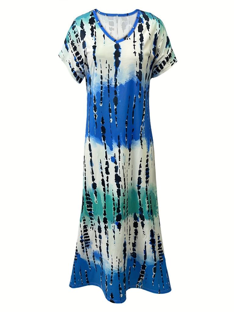 Платье с V-образным вырезом в стиле тай-дай, элегантное платье с короткими рукавами и разрезом на весну и лето, женская одежда