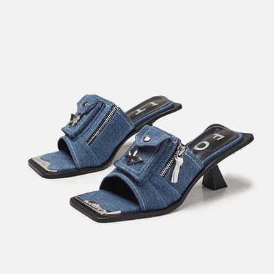 Мода Лето Женщины Новая Натуральная Кожа Деним Открытый Носок Металлический Необычный Каблук Модные Лаконичные Плиссированные Вырезы Современные Гладиаторские Шлепанцы