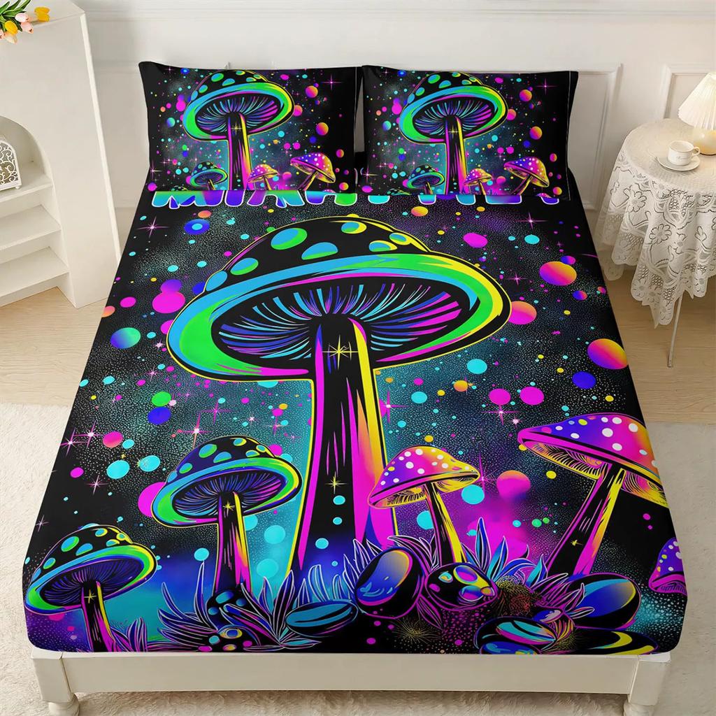Psychedelic Mushroom Fitted Sheet Set, Psychedelic Bed Cover with Pillowcase, Colorful Bedding Set 2pcs for Kids Girls Adult