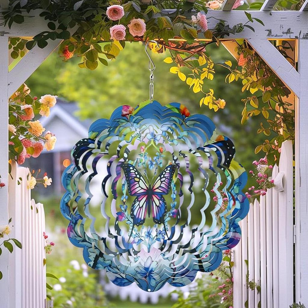 3D Вертушки-бабочки, 12-дюймовая вертушка из нержавеющей стали с градиентным цветом, Подвесная ветряная скульптура для украшения сада