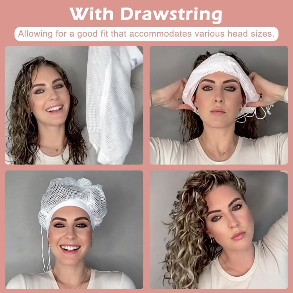 EMVANV Net Plopping Cap for Drying Curly Hair,Adjustable Net Hair Plopping Bonnet Curly Hair Bonnet Net Plopping Cap for Fast Drying(White)