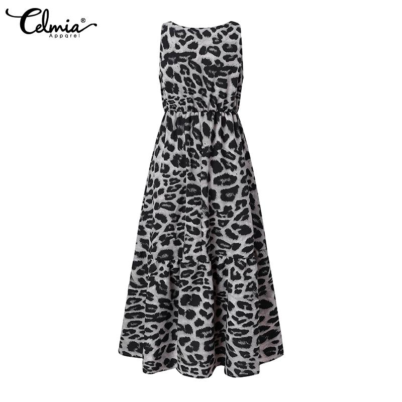 Celmia Летнее женское свободное праздничное длинное платье с леопардовым принтом без рукавов, элегантное повседневное свободное платье трапециевидной формы большого размера
