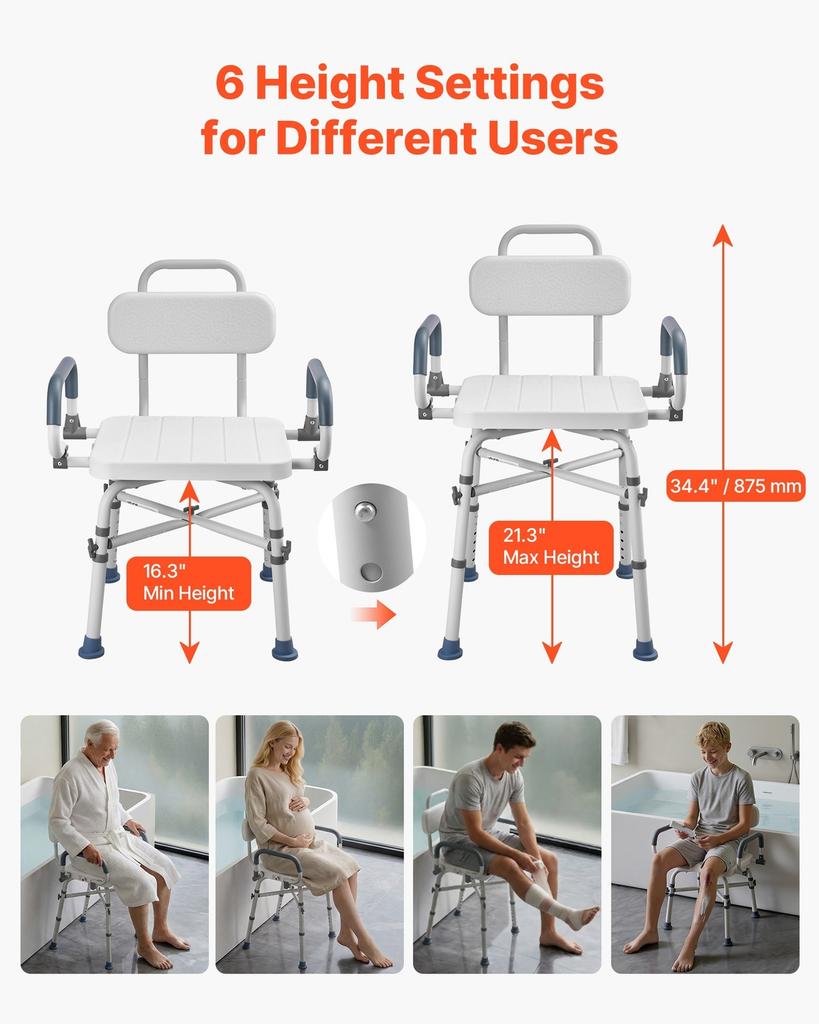 Swivel Shower Chair with Arms and Back, 227 kg Load Heavy Duty Bench Seat for Inside Shower Stall and Bathtub, Height Adjustable Bathroom Bath Tub